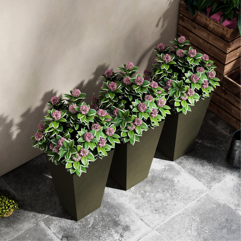 28" Tall Outdoor Pots, Of 3 Large Taper Planters With Drainage. Faux Wood Plastic For Patio, Garden, Indoor. Dark Brown. Stackable, Easy To Move Planter , Pots For Outdoor, Water Drainage Capacity
