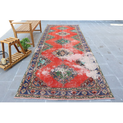 Vintage Turkish Oushak Runner Rug in Red Wool for Stairs and Kitchen - Handmade Antique Style