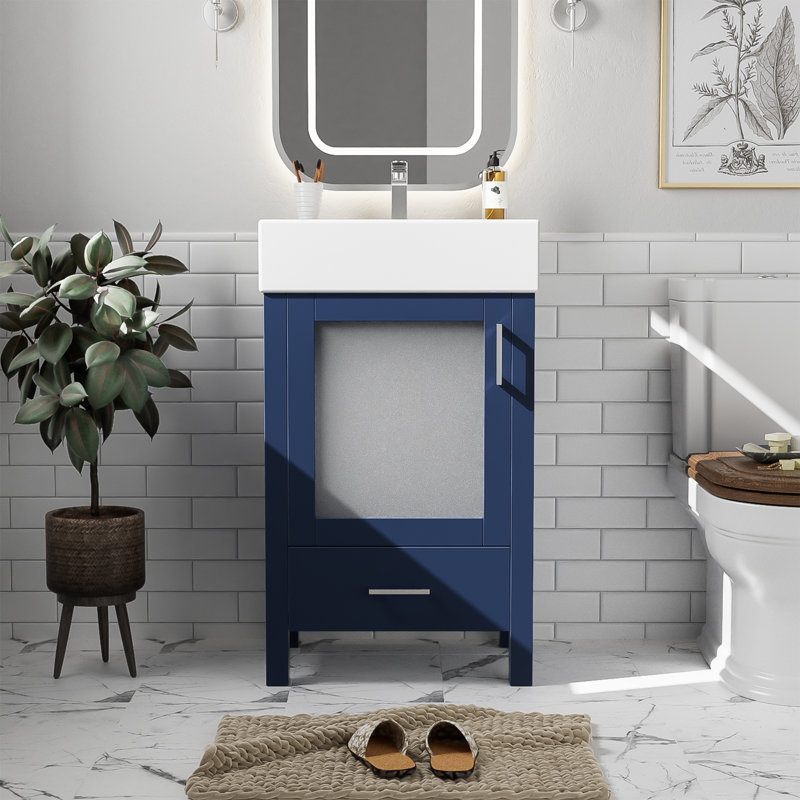 Meuble-lavabo de 20 pouces avec lavabo en céramique et beaucoup de rangement - pour les petites salles de bain, Bleu