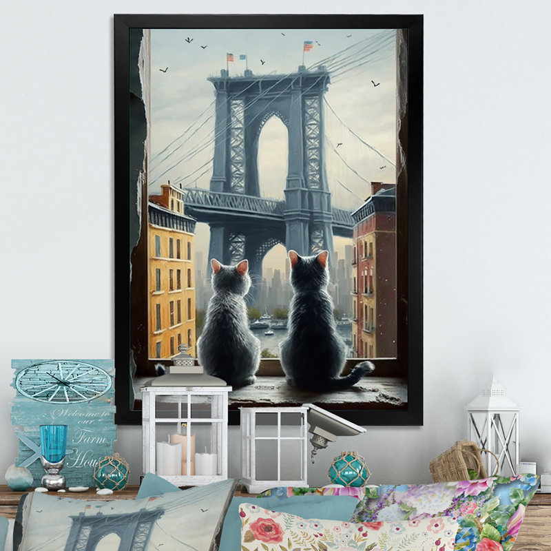 Deux chats dans la ville II - reproduction sur toile, H 20 po x l 12 po x P 1 po, Impression noire sur toile encadrée