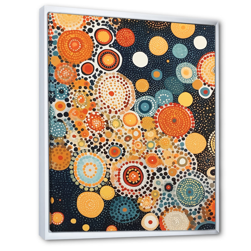Aborigène circulaire à pois, composition d'ambre sur toile, H 32 po x l 16 po x P 1 po, Cadre flottant blanc