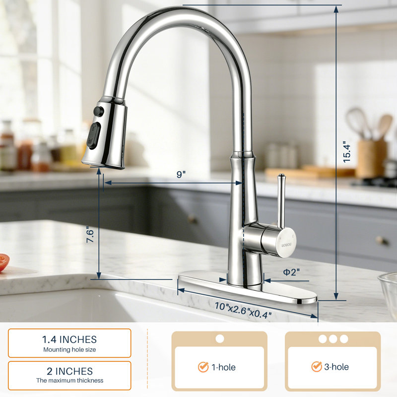 Robinet de cuisine à poignée simple en acier inoxydable avec douchette 3 modes, Chrome