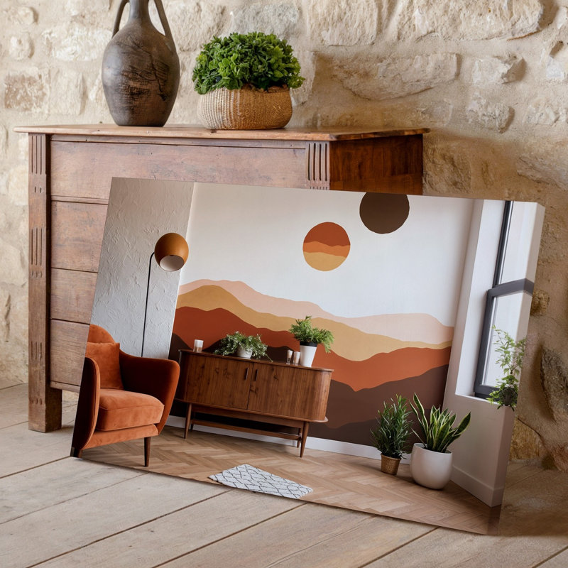 Toile une scène intérieure moderne avec un élégant buffet en bois contre un art mural, un mur texturé orné d'un grand art mural abstrait sur toile