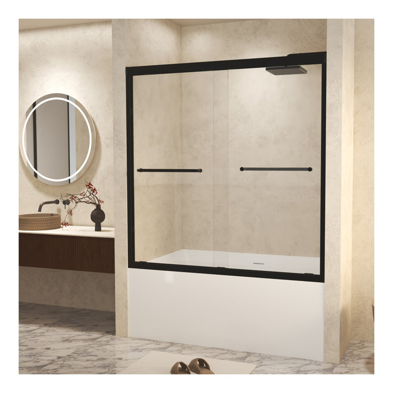 Verre trempé avec film antidéflagrant, porte de douche coulissante double en aluminium, 1/4 po (6 mm), poignée en acier inoxydable