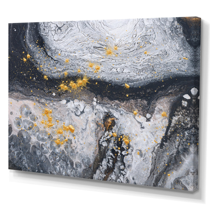 Vagues d'art en or noir et marbre blanc - peinture sur toile, H 12 po x l 20 po, Toile tendue