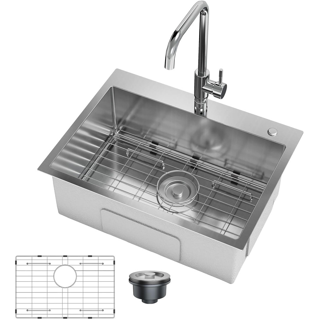 Stainless Steel Kitchen Sink, Drop-in Waterfall Sink Workstation with Faucet & Dish Dry Rack, Modern Undermount Kitchen Unit with Multiple Accessories
