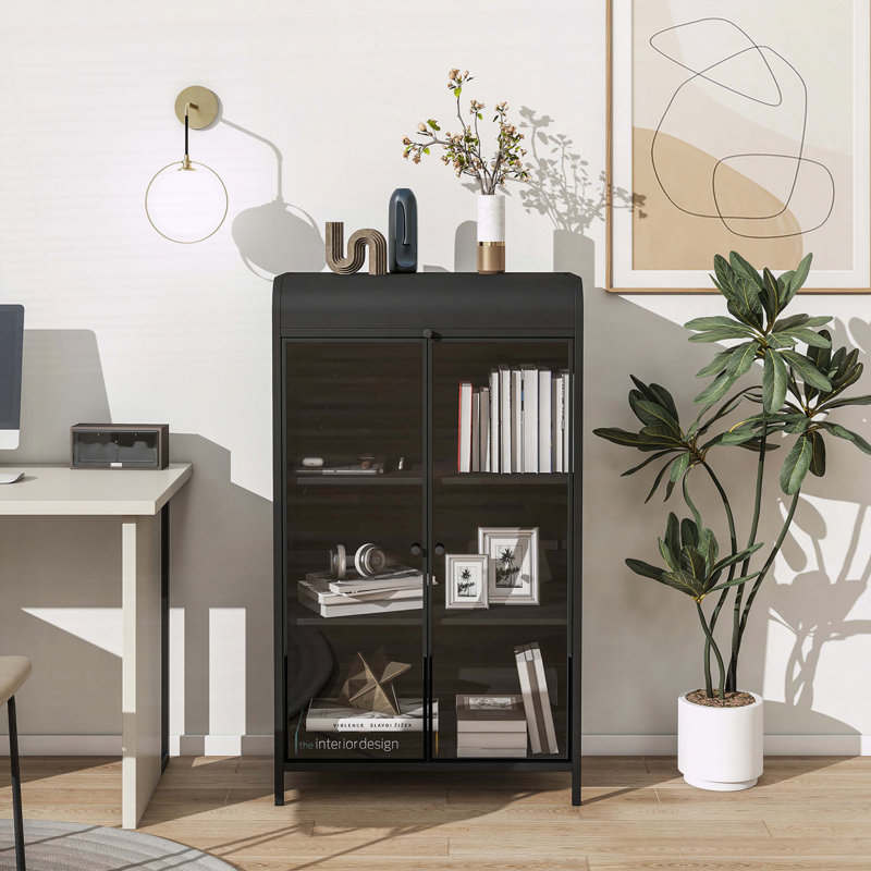 Armoire de rangement haute en métal avec portes en verre et couvercle rabattable