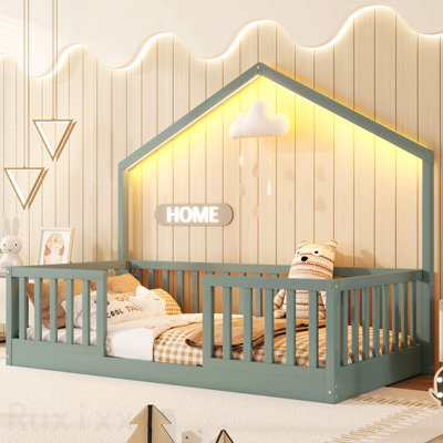 Lit simple à plancher surélevé, lit Montessori en bois avec lumière pour enfants, garçons et filles, gris