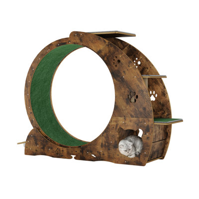 Roue d'exercice pour chat 55 po avec cavalier à 3 niveaux et tapis à griffer, tapis de jeu d'intérieur en bois massif pour la forme physique, centre d'activité anti-ennui avec aire de repos, rouleau TPE, brun