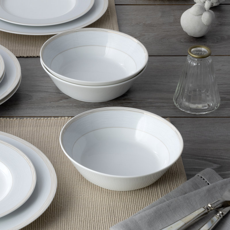 White Ceramic Soup Bowls with Gold Trim, Set of Four