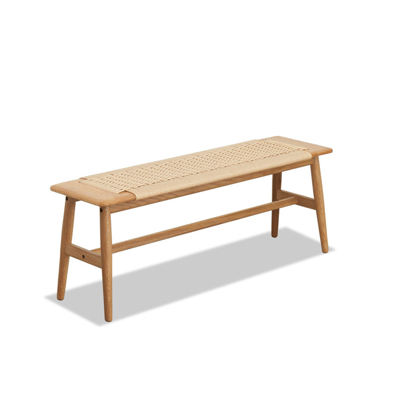 (1.1M) Woven Design Natural Oak Wood Dining Bench Bed Bench For Dining Room, Bedroom, Living Room
