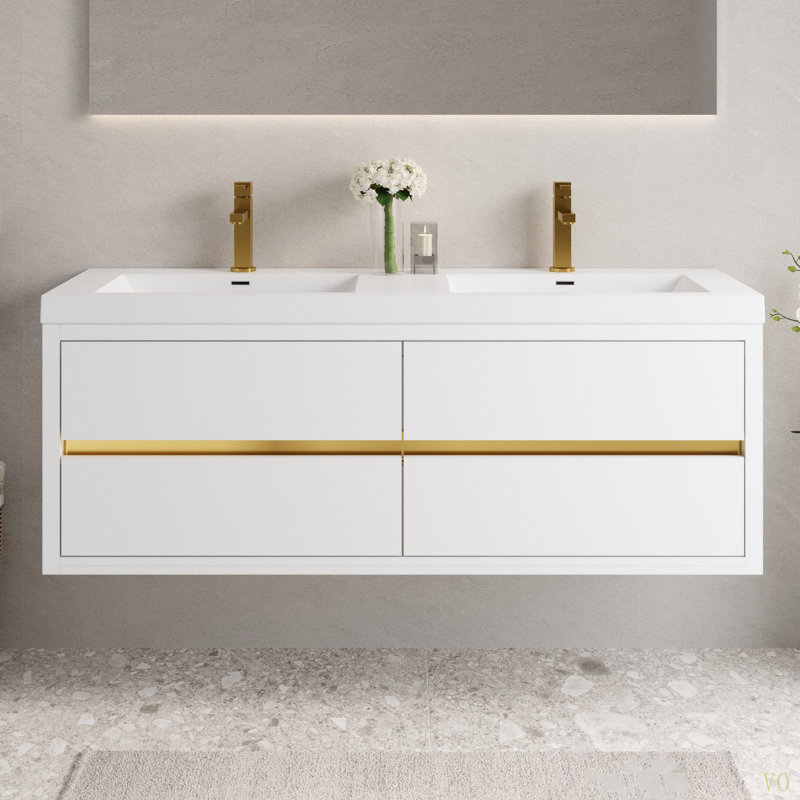 Meuble-lavabo mural 60 po avec lavabo, armoire de rangement flottante avec comptoir en résine de pierre et tiroirs à fermeture en douceur 60 po