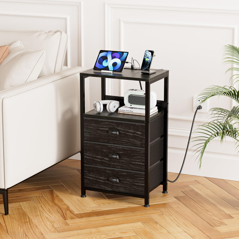 Nightstand With Charging Station, Night Stand With 3 Fabric Drawers, Side Table With Tamper-Resistant Outlets, USB And Type C Port, End Table For Bedroom,(Black Oak)