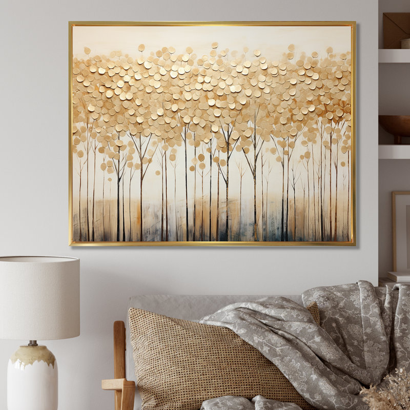 Minimalisme Golden Trees Harmony sur toile, Cadre flottant doré, H 34 po x l 44 po x P 1,5 po