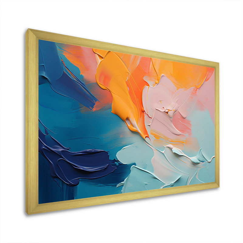«Blue and Orange Paint Abstract Expression 2», art mural abstrait, Cadre doré à coins fermés, H 12 po x l 20 po x P 1 po