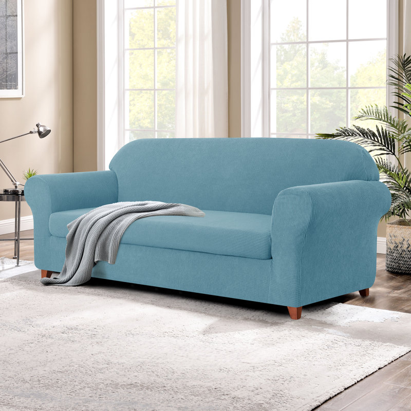 Housse de canapé en jacquard 2 pièces, housse extensible en polyester et spandex pour le salon, protection facile à installer et lavable (causeuse, bleu acier)