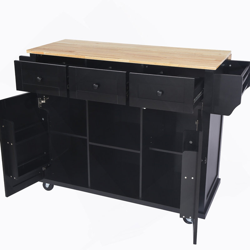 Chariot de cuisine avec comptoir à abattants en bois d'hévéa, supports de rangement internes pour porte d'armoire, Noir