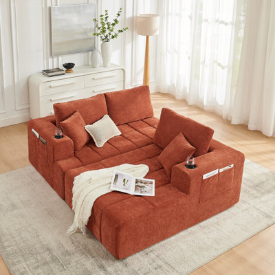 108" L-Shaped Chenille Sectional Sofa, Cloud Style Boneless Sofa with Chaise, Modern Upholstered Couch with Cup Holders & Side Pockets, Compression Sofa for Living Room, No Assembly Required,