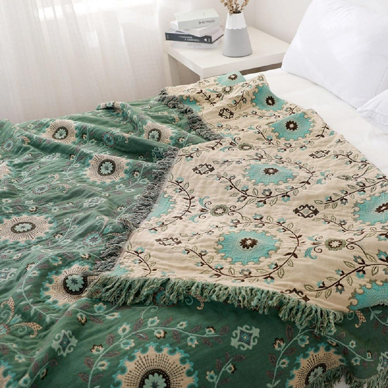 Housse de couette 100% coton DONEUS Boho, Vert / fleur jaune, Lit double