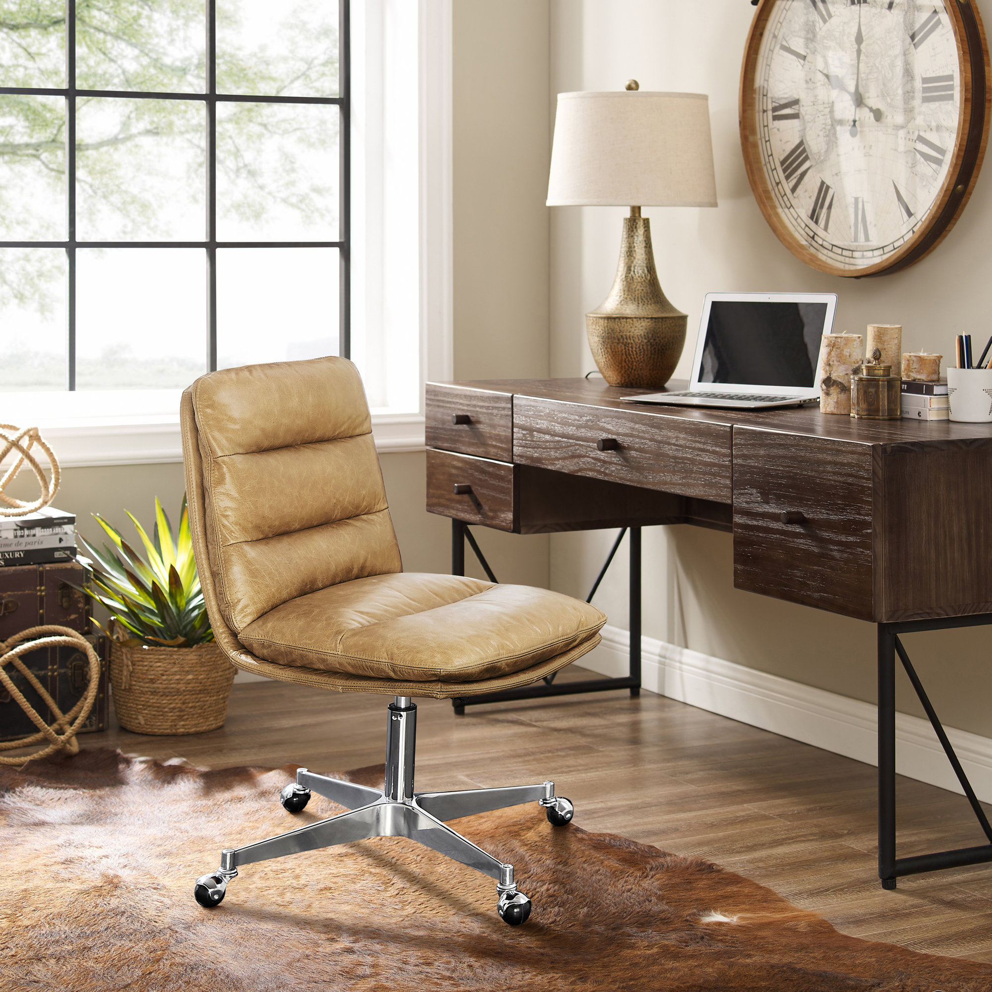 Paynesville Swivel Office Task Chair with Wheels, Faux Leather, Cognac Faux Leather