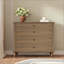 Grande commode à 4 tiroirs avec pied en bois massif, commode avec finition brossée et boutons de tiroir en métal, design antique pour chambre à coucher et chambre de bébé-129682564