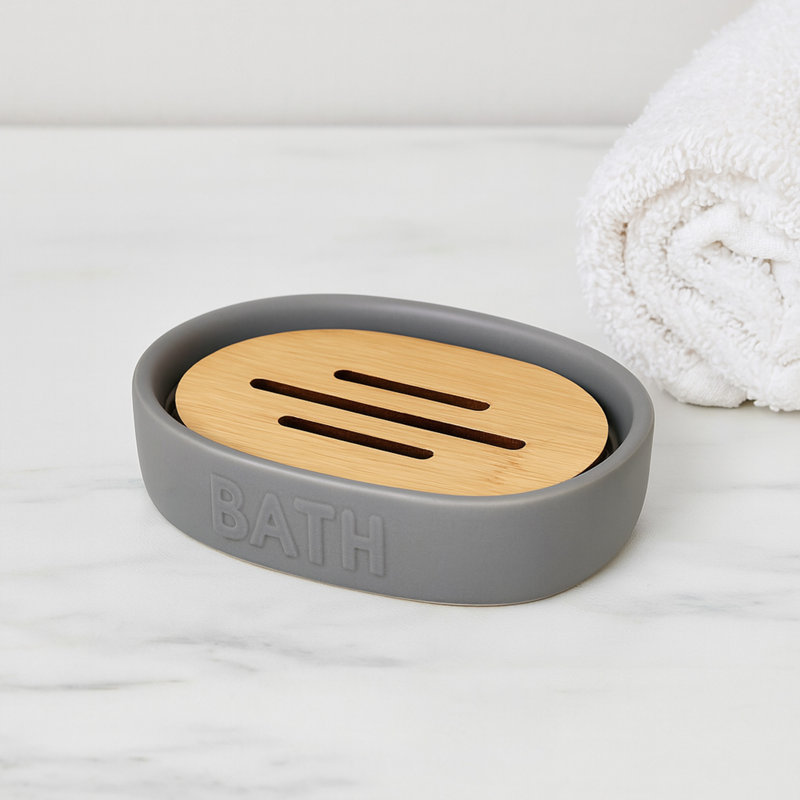 Distributeur de savon à vaisselle avec plateau en bambou Bath D Dolomite, Blanc/ bambou