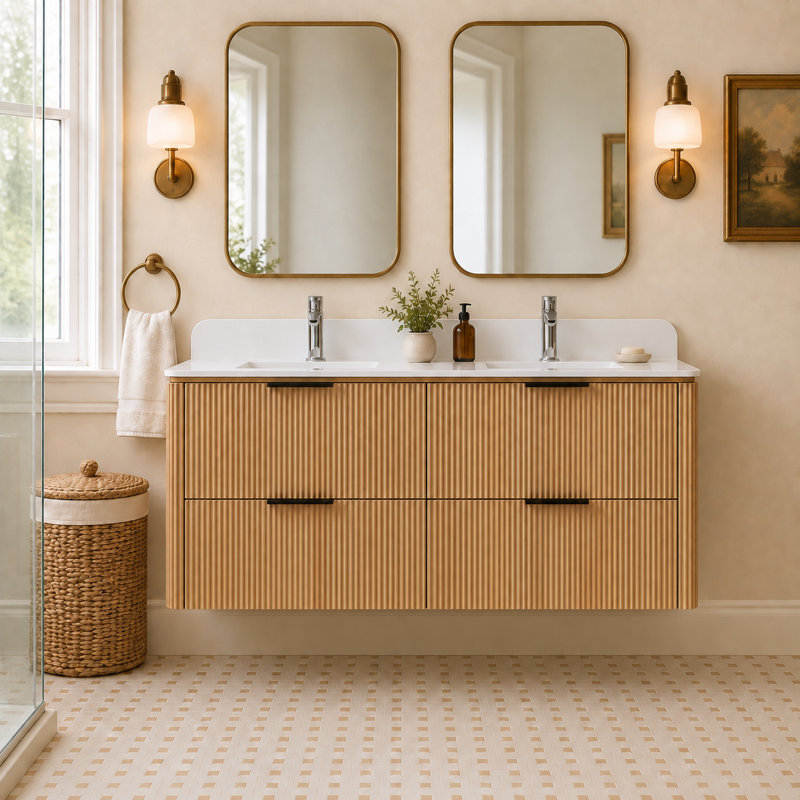 Meuble-lavabo double moderne de 152 cm (60 po) à texture cannelée, fini bois naturel, avec lavabo intégré en surface solide blanc mat