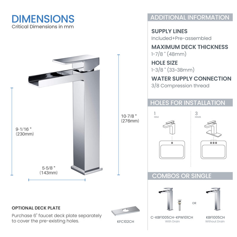 Robinet de lavabo vasque Waterfall, Chrome, Avec drain escamotable