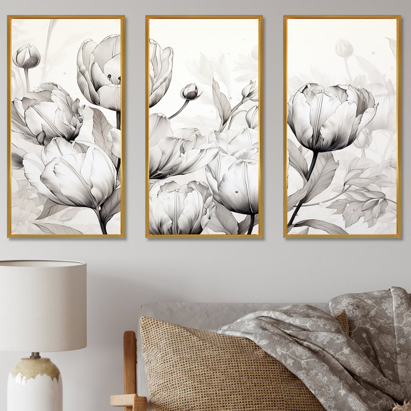 Minimalisme, tulipes noires et blanches, ensemble d'art mural sur toile, Cadre flottant doré, H 32 po x l 48 po x P 1 po