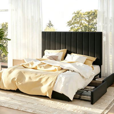 4-Drawer Velvet Upholstered Storage Platform Bed with Adjustable Headboard