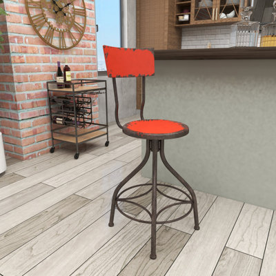 Nuri Metal Distressed Bar Stool with Gunmetal Legs and Backrest