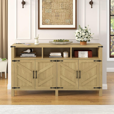 Buffet 59 po moderne à 4 portes avec prises de courant et ports USB, tablettes réglables et armoire de rangement semi-ouverte, poignées en métal et poignées en aluminium pour le salon, la salle à manger, le vestibule