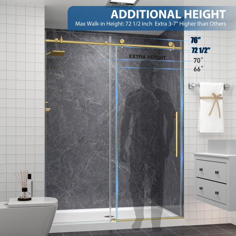 61"-66" W x 76" H Single Sliding Frameless Shower Door in Brushed Gold with 1/4" (6mm) Clear Tempered Glass, Soft-Close, Stainless Steel Accessories