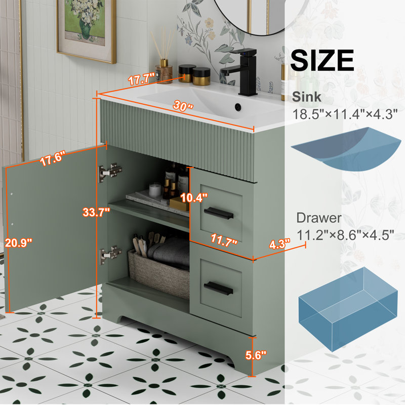 Breonica Shaunda 30" Single Bathroom Vanity Set with Sink Top, Zinc Alloy Faucet, Soft-Close Doors, Vintage Green
