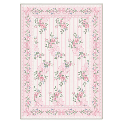 Bloomere Floral Machine Washable Floral Bow / Petal Blush Indoor Area Rug With Non-Slip Backing