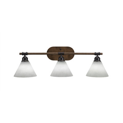 Blacksmith 3 Light Bath Bar Shown In Painted Wood-look Metal & Dark Granite Finish With 7" White Muslin Glass