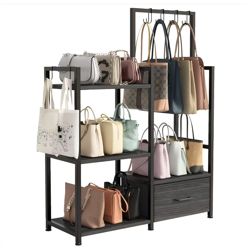 3 Tier Purse Storage Rack With Pull Out Drawer , 6 Hooks, High Capacity Handbag Holder Shelf, Metal Frame With Wood Shelves For Closet,Bedroom