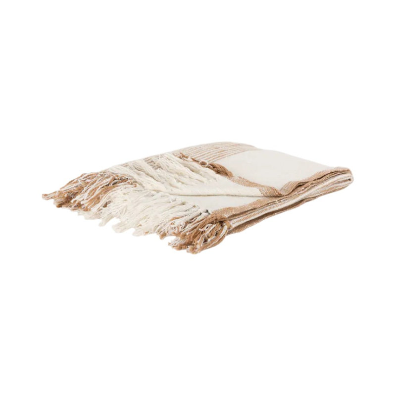 Jeté rayé en coton ivoire 50 po x 60 po avec franges