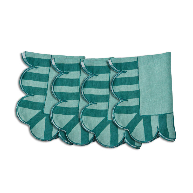 Jardin Embroidered Linen Scalloped Stripe Napkins, Green