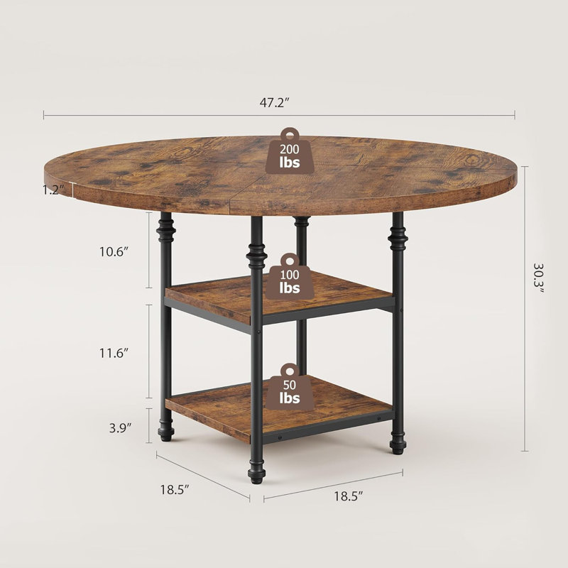 Table de salle à manger ronde de 47 pouces pour 4, table de salle à manger imperméable de 1,2 po d'épaisseur avec tablette de rangement à 2 niveaux, pieds en métal romain rétro et patins réglables, table de cuisine peu encombrante pour la salle à manger et le salon