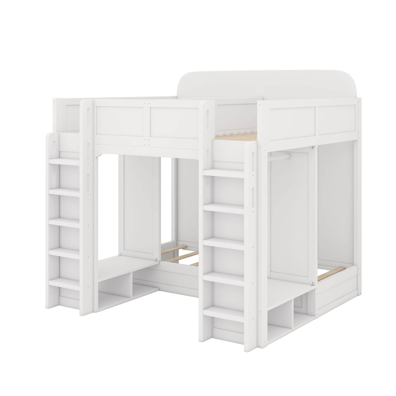 Twin +Twin Over Twin XL Triple Bunk Bed With Storage Shelves And Hooks, White