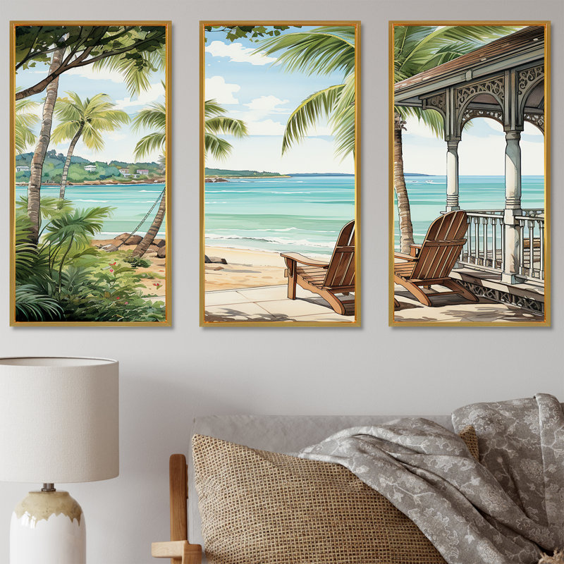 «Island Serenity Chairs By The Beach» - art mural bord de mer tropical, Cadre flottant doré, H 40 po x l 60 po x P 1 po