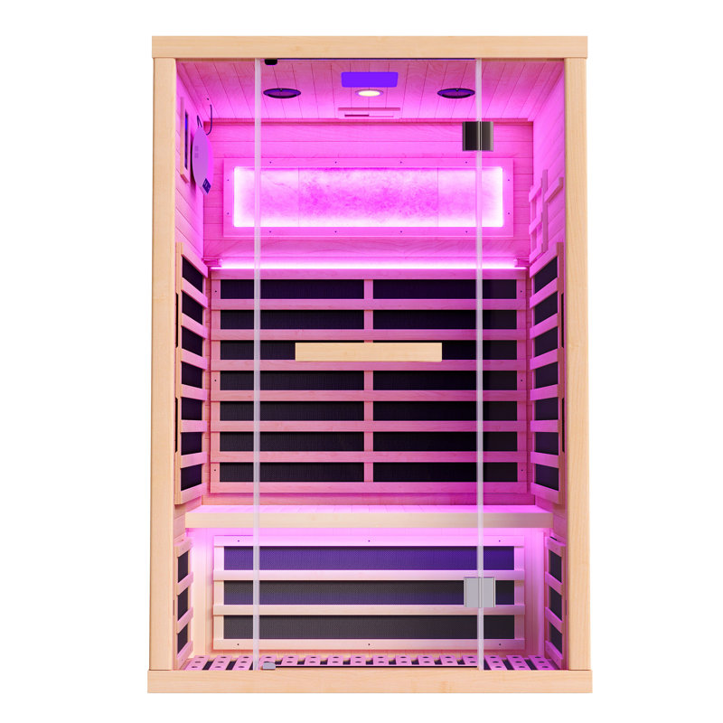 Your Personal Indoor Wellness Pod Infrared Sauna for 2 Person, Low EMF 1463W/110V Hemlock Wood Sauna with Tourmaline Foot Warmer, 7-Color Light Therapy, Salt Crystal Bricks, Easy Assembly – Compact Indoor Spa 47.2"x34.2"x70.9"