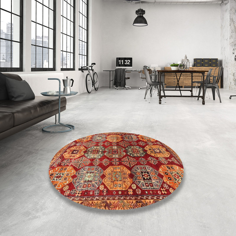 Tapis rouge/jaune traditionnel, Rond 3 pi