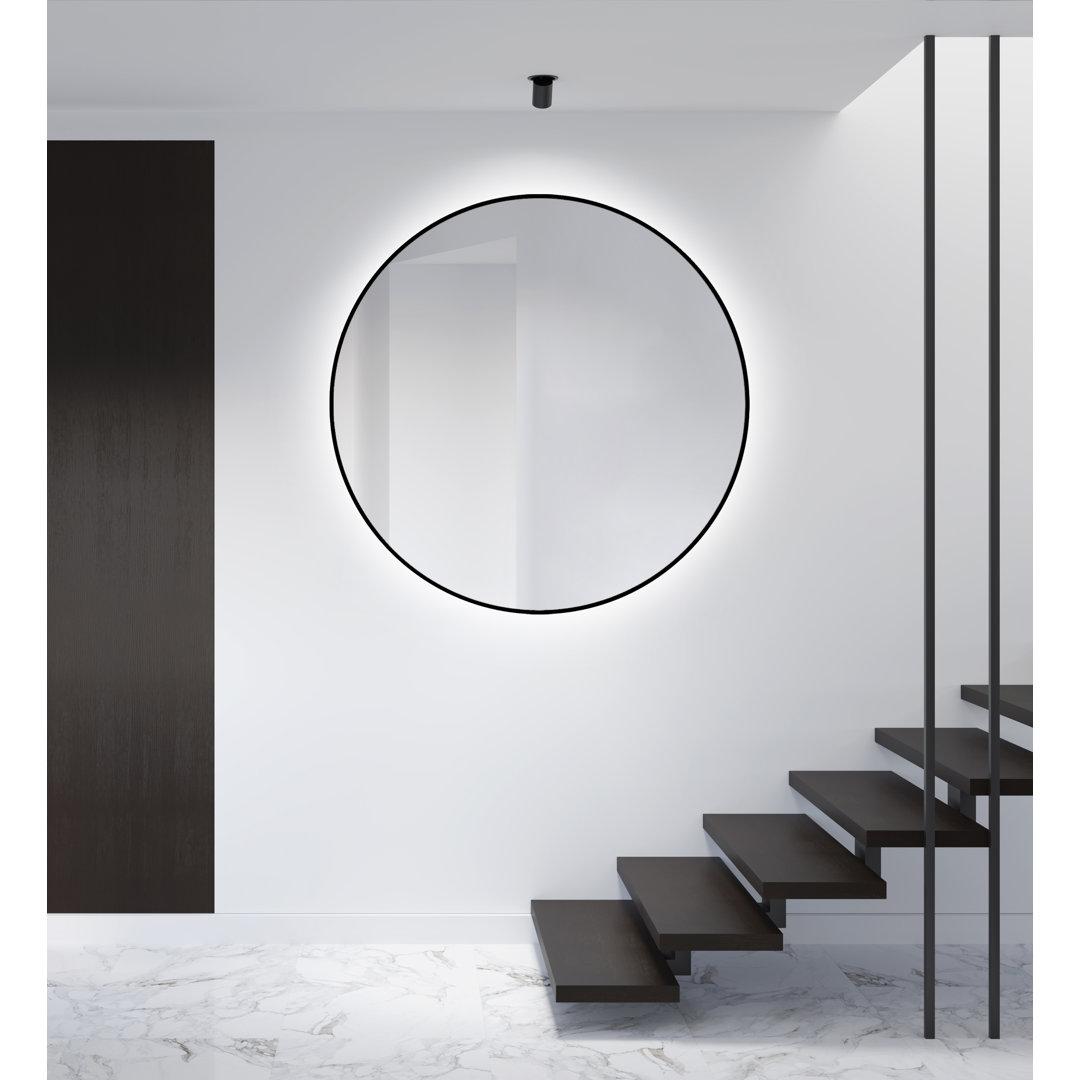 Carmelitta Round Lighted Metal Wall Mounted Accent Mirror in Matt Black
