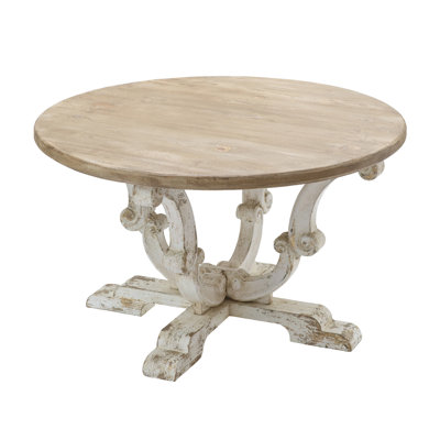 31.5x31.5x18.5" Round Wooden Coffee Table with Distressed White Finish and Scrollwork Legs