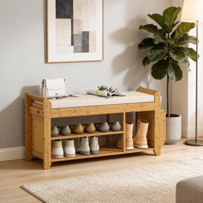 Banc de rangement de chaussures peu encombrant, entrée moderne en bois de bambou pour la maison