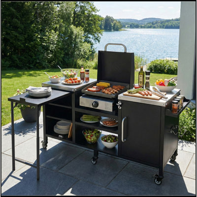 72.4" Outdoor Kitchen Island Grill Cart With Fold-out Prep Table And Adjustable Shelves