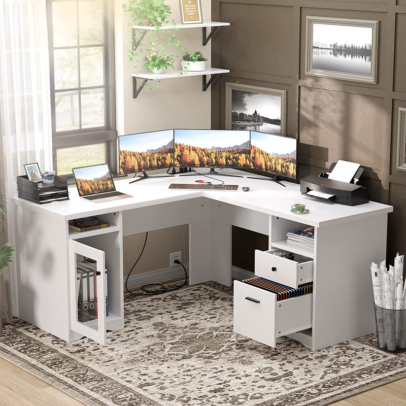 Detcho 60'' L Shaped Executive Desk with Drawers and Power Outlets, White