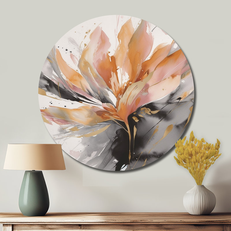 Abstraction de marbre orange et gris hypnotique - Art abstrait rond en métal, H 16 po x l 16 po
